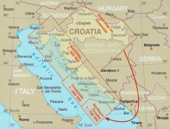 immagine di mappa stradale mappa stradale Croazia - con Zagabria (Zagreb), Spalato (Split), Fiume (Rijeka), Osijek, Zara (Zadar), Slavonski Brod, Velika Gorica, Karlovac, Pola (Pula) - mappa stradale - impermeabile e antistrappo - con spiagge, luoghi panoramici, parchi naturali - EDIZIONE Dicembre 2023