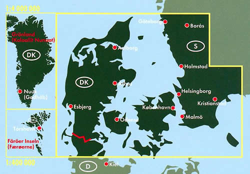 immagine di mappa stradale mappa stradale Danimarca - con Copenaghen, Groenlandia, Isole Faeroes, Odense, Arhus, Esbjerg, Aalborg, Nuuk, Torshavn