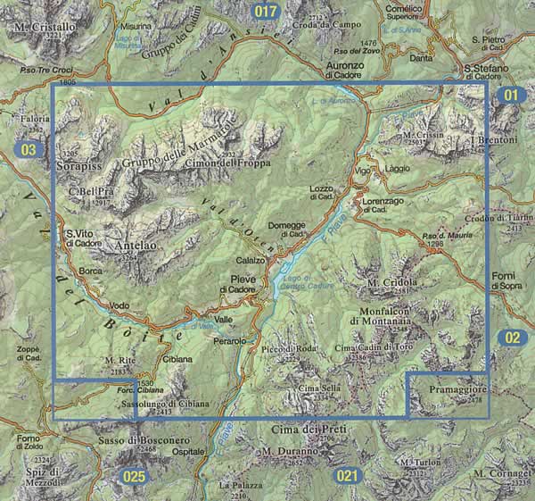 immagine di mappa topografica mappa topografica n.016 - Dolomiti del Centro Cadore - con Antelao, Marmarole, Sorapis, Vodo, Calalzo, Pieve, Perarolo, Lozzo, Lorenzago, Vigo, Cridola, Monfalconi - con reticolo UTM compatibile con GPS - impermeabile, antistrappo, plastic-free, eco-friendly - EDIZIONE Dicembre 2023