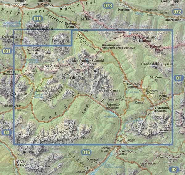 immagine di mappa topografica mappa topografica n.017 - Dolomiti di Auronzo e del Comelico - con Tre Cime, Croda Dei Toni, Cadini, Val d'Ansiei, Auronzo di Cadore, Marmarole, Sorapis, Lago di Misurina, Passo del Zovo, Vigo, Brentoni, S. Stefano di Cadore, Danta, Padola, Crode dei Longerin, M. Cavallino - con reticolo UTM compatibile con GPS - impermeabile, antistrappo, plastic-free, eco-friendly - EDIZIONE 2024