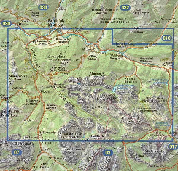 immagine di mappa topografica mappa topografica n.031 - Dolomiti di Braies, Marebbe / Pragser Dolomiten, Enneberg - Brunico, S. Lorenzo, Rasen, Valdaora, Passo Furcia, Braies, Villabassa, Monguelfo, Enneberg, La Valle, St. Martin, Croda del Beco, Senes, Fanes, P. di Vallandro, Dobbiaco, Badia - con reticolo UTM compatibile con GPS - impermeabile, antistrappo, plastic-free, eco-friendly - EDIZIONE Luglio 2023