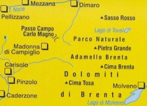 immagine di mappa topografica mappa topografica n.073 - Dolomiti di Brenta - Via delle Bocchette, con Adamello, Cima Tosa, Pinzolo, Madonna di Campiglio, Pellizzano, Lago di Tovel, Lago di Molveno - mappa plastificata