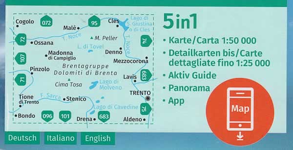 immagine di mappa topografica mappa topografica n.73 - Dolomiti di Brenta, Madonna di Campiglio, Pinzolo, Andalo, Molveno, Fai della Paganella, Lago di Molveno, Trento, Ossana, Stenico, Cles, Mezzocorona, Aldeno, Drena, Bondo, Tione di Trento, Cogolo - con informazioni turistiche, sentieri CAI, percorsi panoramici e parchi naturali - mappa plastificata, compatibile con GPS + mappa panoramica - EDIZIONE Luglio 2023