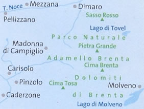 immagine di mappa topografica mappa topografica n.073 - Dolomiti di Brenta - Parco Naturale Adamello-Brenta, Cima Tosa, Pietra Grande, Sasso Rosso, Lago di Tovel, Lago di Molveno, Pinzolo, Madonna di Campiglio, Pellizzano - con sentieri CAI, percorsi MTB, vie ferrate e funivie - nuova edizione