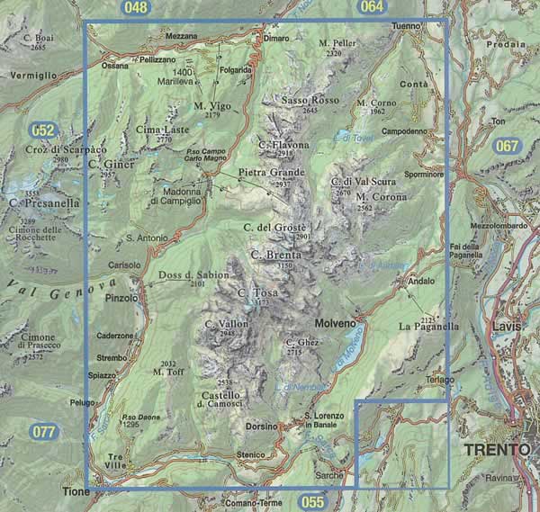 immagine di mappa topografica mappa topografica n.053 - Dolomiti di Brenta - con Pinzolo, Val Nambrone, Madonna di Campiglio, Dimaro, Lago di Tovel, Andalo, Molveno, S.Lorenzo in Banale - con reticolo UTM per GPS - impermeabile, antistrappo, plastic-free, eco-friendly - EDIZIONE 2025