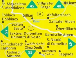 immagine di mappa topografica mappa topografica n.58 - Dolomiti di Sesto / Sexter Dolomiten, Dobbiaco / Toblach, Lienz, Sillian, St. Maddalena, Villgrater/Berge, Alpi Carniche, Cadini di Misurina, Auronzo di Cadore, Sappada, Cima Dodici - compatibile con GPS + mappa panoramica - nuova edizione