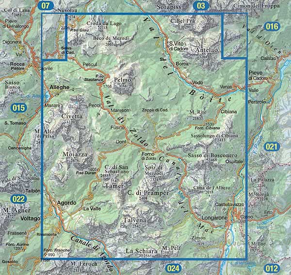 immagine di mappa topografica mappa topografica n.025 - Dolomiti di Zoldo, Cadorine e Agordine - Civetta, Moiazza, Alleghe, Zoldo, Dont, Passo Duran, Tamer, Pramper, Talvena, La Schiara, La Valle, Agordo, Forno di Zoldo, Zoppe di Cadore, Borca, Pelmo, S. Vito di Cadore, Passo Giau, Antelao, Cibiana, Bosconero, Longarone, Venas - con reticolo UTM compatibile con GPS - impermeabile, antistrappo, plastic-free, eco-friendly - EDIZIONE 2024