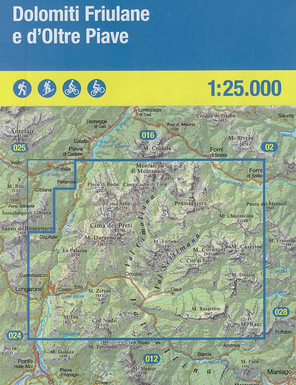 immagine di mappa topografica mappa topografica n.021 - Dolomiti Friulane e d'Oltre Piave - Alta Val Cellina, Val Settimana, Val Cimoliana, Lago del Vajont, Cimolais, Clàut, Erto, Casso, Longarone -  con reticolo UTM per GPS - impermeabile, antistrappo, plastic-free, eco-friendly - EDIZIONE 2024