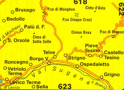 immagine di mappa topografica mappa topografica 621 - Dolomiti - Val Sugana, Cima d' Aosta, Val dei Mocheni, Vetriolo Terme, Levico Terme, Ospedaletto