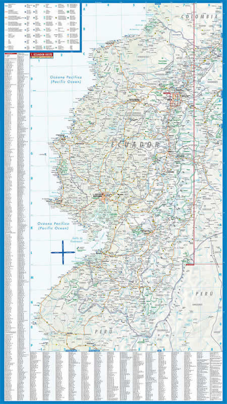 immagine di mappa stradale mappa stradale Ecuador - con isole Galapagos, Gran Quito, Guayaquil, Cuenca, Ingapirca - mappa plastificata