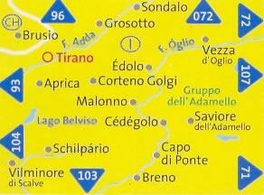 immagine di mappa topografica mappa topografica n.94 - Edolo, Aprica, Tirano, Lago Belviso, Breno, Capo di Ponte, Malonno, Saviore, Gruppo dell' Adamello, Vezza d' Oglio, Lago d' Arno - con sentieti CAI, percorsi per MTB, vie ferrate, itinerari per sci e alpinismo