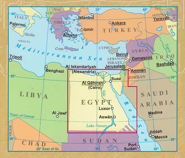 immagine di mappa stradale mappa stradale Egitto - mappa stradale - con Il Cairo, Giza, Assuan, Luxor, Valle dei Re, Alessandria, Sharm el-Sheikh, Hurghada, il Sinai, il Nilo, Abu Simbel, Shubra El- Kheima, Porto Said, Suez, Edfu, oasi del Fayyum, il Mar Rosso - EDIZIONE Ottobre 2023