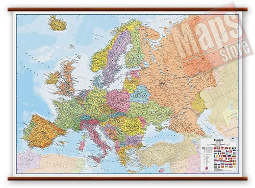 immagine di mappa murale mappa murale Europa - mappa murale politica e fisica - plastificata, laminata lucida, scrivibile e lavabile, con eleganti aste in legno e ganci in acciaio - cartografia aggiornata e molto dettagliata - 175 x 125 cm