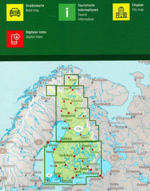 immagine di mappa stradale mappa stradale Finlandia - con Helsinki, Espoo, Tampere, Vantaa, Turku, Oulu, Jyväskylä, Lahti, Kuopio, Kouvola, Pori, Joensuu, Lappeenranta, Hämeenlinna, Rovaniemi, Vaasa, Seinäjoki, Salo, Kotka, Mikkeli - edizione Luglio 2023