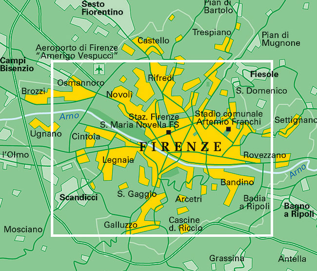 immagine di mappa di città mappa di città Firenze - con Fiesole, Rifredi, Novoli, Osmannoro, Legnaia, S. Gaggio, Galluzzo, Arcetri, Badia a Ripoli, Rovezzano - mappa della città - nuova edizione