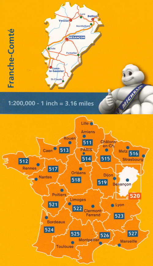 immagine di mappa stradale mappa stradale n. 520 - Franche-Comté / Franca Contea - con Besançon, Montbéliard, Lure, Belfort, Vesoul, Dole, Pontarlier, Lons-le-Saunier, Saint-Claude - mappa stradale con stazioni di servizio e autovelox - nuova edizione