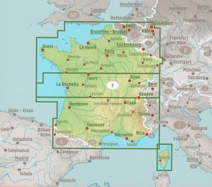 immagine di mappa stradale mappa stradale Francia - con Paris/Parigi, Reims, Nancy, Lille, Le Havre, Caen, Rennes, Brest, Nantes, Orléans, Dijon, Lyon, Limoges, Bordeaux, Grenoble, Avignon, Toulouse, Marseille, Biarritz, Corsica - EDIZIONE 2023