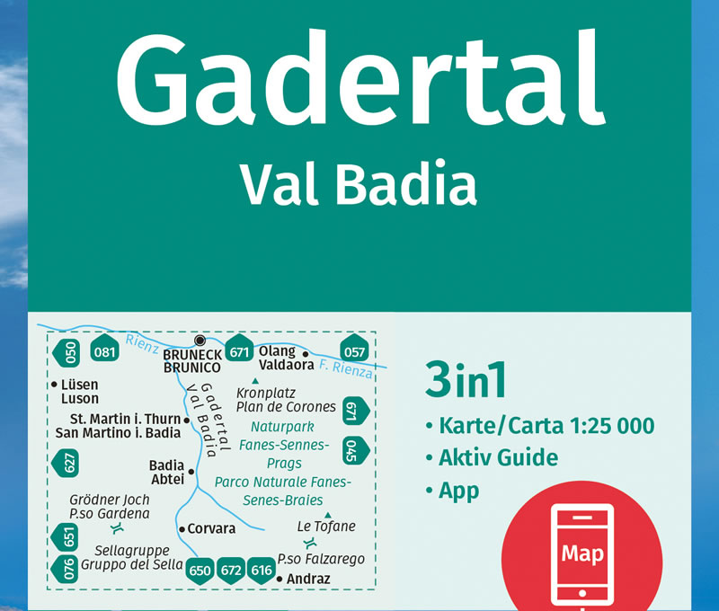 immagine di mappa topografica mappa topografica Gadertal / Val Badia - Corvara, Passo Gardena, Gruppo del Sella, San Martino, Luson, Brunico, Valdaora, Pian de Corones, Parco Naturale Fanes-Senes-Braies, Le Tofane, Passo Falzarego - mappa Kompass n.51 - mappa escursionistica, plastificata, compatibile con GPS - EDIZIONE 2024