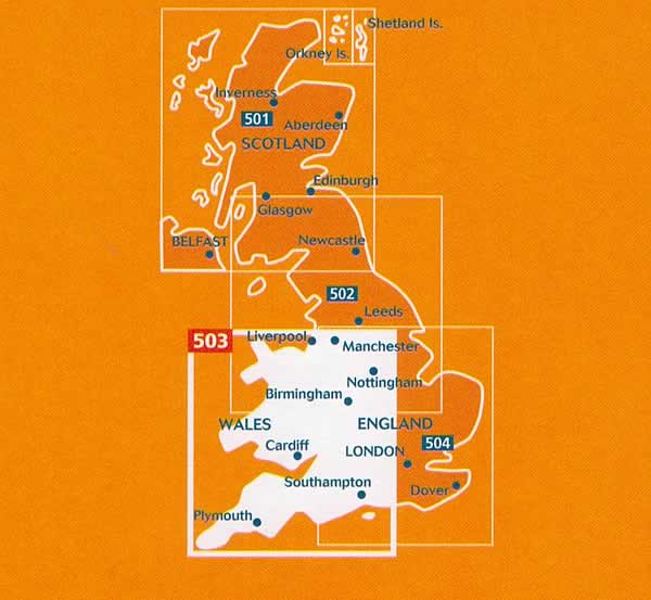 immagine di mappa stradale mappa stradale n.503 - Galles/Wales, Midlands, Inghilterra Sud-Ovest / South West England - (Gran Bretagna) - con Cardiff, Bristol, Plymouth, Birmingham, Southampton, Oxford, Nottingham, Manchester, Liverpool - nuova edizione