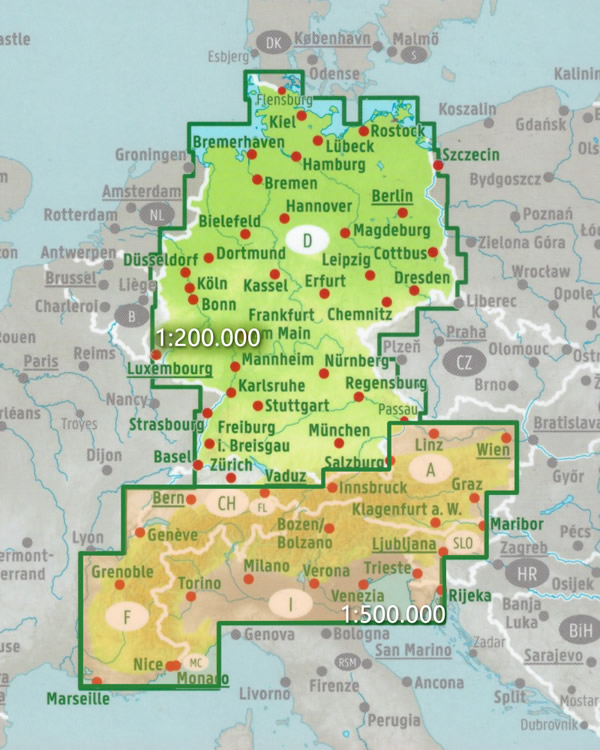 immagine di atlante stradale atlante stradale Germania, Austria, Svizzera, Italia del Nord - atlante stradale a spirale - con percorsi panoramici, campeggi, parchi e riserve naturali - EDIZIONE 2024/2025