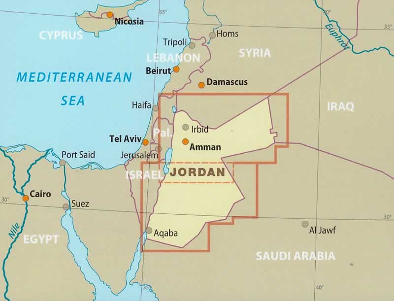 immagine di mappa stradale mappa stradale Giordania / Jordan / Jordanien - con Amman, Jerash, Irbid, Valle del Giordano, Petra, Aqaba, Wadi Rum, Azraq - mappa stradale impermeabile e antistrappo - EDIZIONE Dicembre 2023