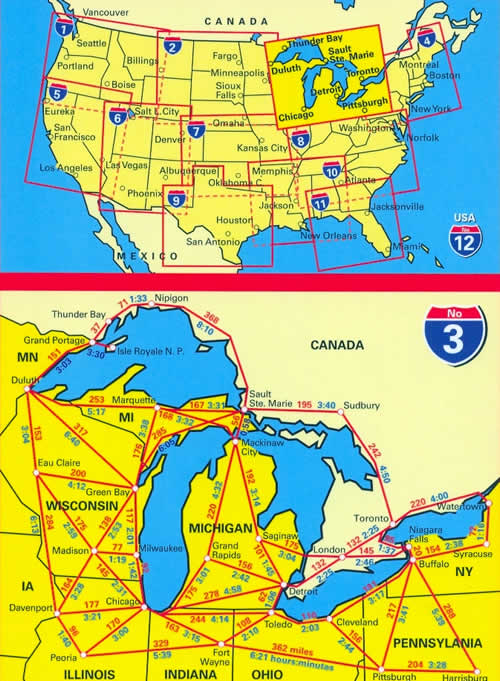 immagine di mappa stradale mappa stradale n.03 - Great Lakes - con Chicago, Detroit, Niagara Falls, Isle Royale, Pittsburgh, Cleveland, Buffalo, Grand Rapids, Madison - con cartografia aggiornata, dettagliata e facile da leggere + guida stradale - EDIZIONE Dicembre 2023