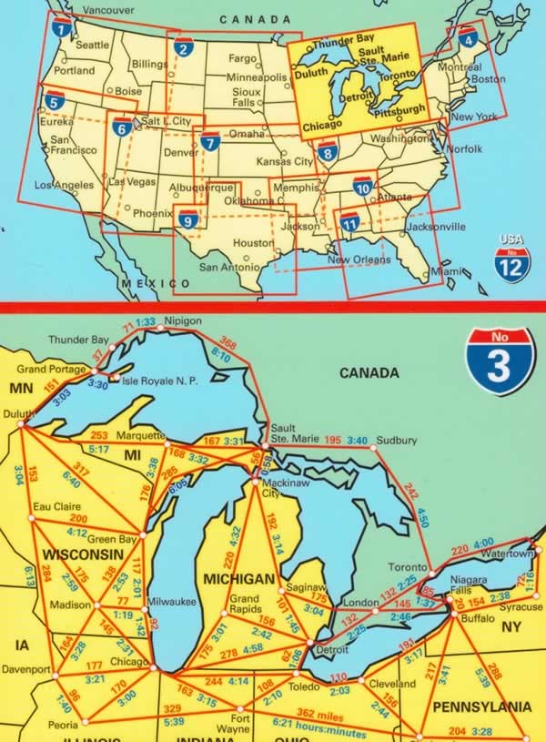 immagine di mappa stradale mappa stradale n.03 - Great Lakes - con Chicago, Detroit, Niagara Falls, Isle Royale, Pittsburgh, Cleveland, Buffalo, Grand Rapids, Madison - con cartografia aggiornata, dettagliata e facile da leggere + guida stradale - EDIZIONE Novembre 2024