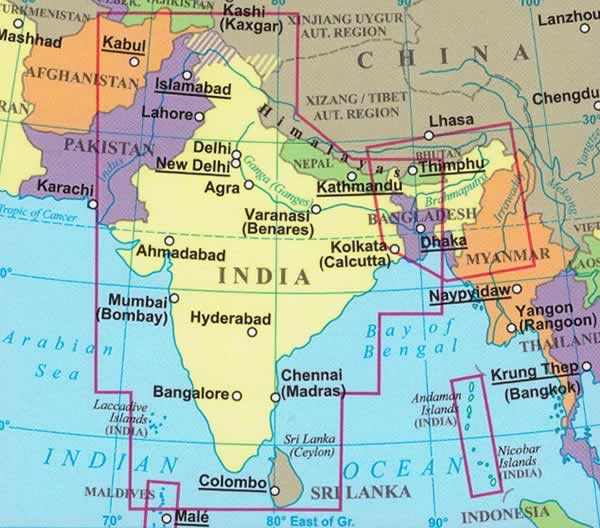 immagine di mappa stradale mappa stradale India - con Bangladesh, Bhutan, Nepal, Sri Lanka, Maldive, Isole Andamane e Nicobare - con luoghi panoramici, parchi, riserve naturali, templi e siti archeologici - nuova edizione