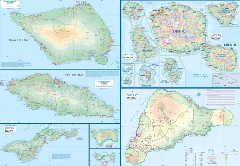 immagine di mappa stradale mappa stradale Isole della Polinesia - Tahiti, Samoa, Bora Bora, Easter Island/Isola di Pasqua, Moorea, Aitutaki, Rarotonga, Tongatapu, Vava'u - con spiagge, parchi naturali, linee dei traghetti - EDIZIONE Novembre 2024