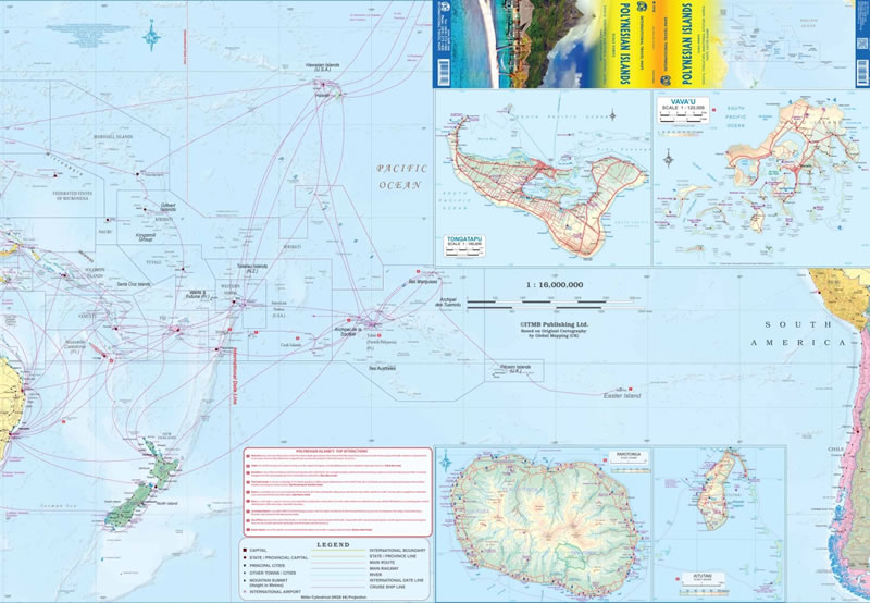 immagine di mappa stradale mappa stradale Isole della Polinesia - Tahiti, Samoa, Bora Bora, Easter Island/Isola di Pasqua, Moorea, Aitutaki, Rarotonga, Tongatapu, Vava'u - con spiagge, parchi naturali, linee dei traghetti - EDIZIONE Novembre 2024