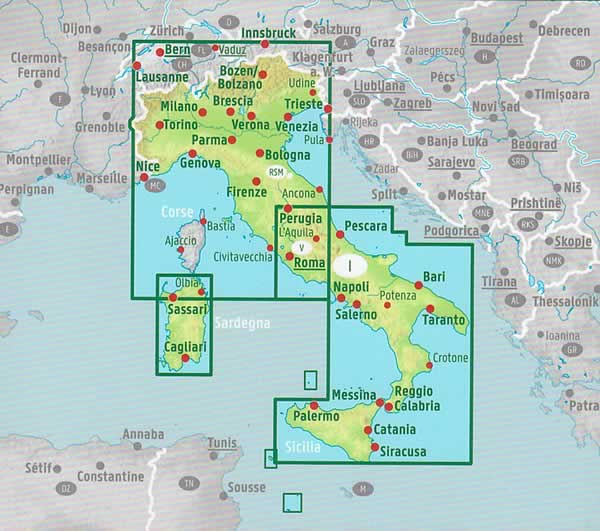 immagine di mappa stradale mappa stradale Italia / Italy / Italien - mappa stradale d'Italia - cartografia stradale molto dettagliata con strade numerate, distanze stradali, campeggi, parchi naturali - con indice delle località - nuova edizione