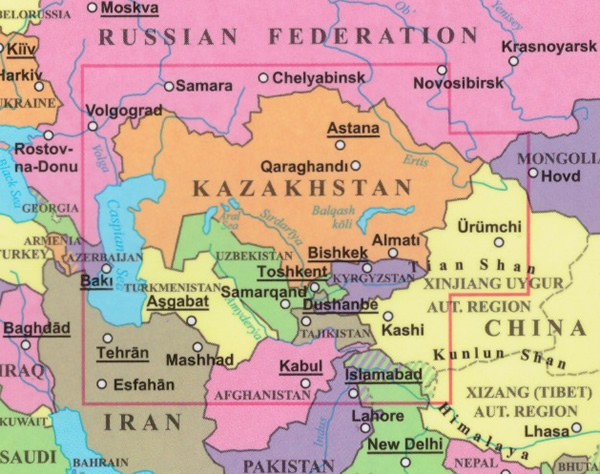 immagine di mappa stradale mappa stradale Kazakhstan, Kyrgyzstan, Tajikistan, Turkmenistan, Uzbekistan - edizione 2024