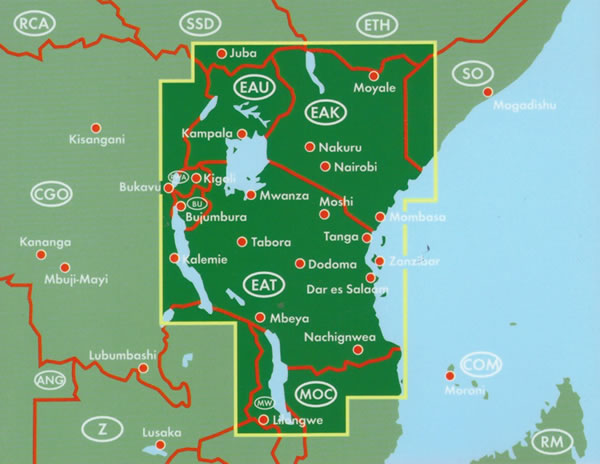 immagine di mappa stradale mappa stradale Kenya, Tanzania, Uganda - mappa stradale - con luoghi panoramici, spiagge, parchi e riserve naturali - nuova edizione