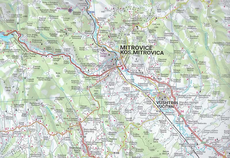 immagine di mappa stradale mappa stradale Kosovo - con Prishtinë (Priština), Prizren (Prizren), Ferizaj (Uroševac), Gjakova (Đakovica), Podujevë (Podujevo), Gjilan (Gnjilane), Pejë (Peć), Mitrovicë (Kosovska Mitrovica), Malishevë (Mališevo) - mappa stradale con luoghi panoramici, parchi e riserve naturali - EDIZIONE Novembre 2024