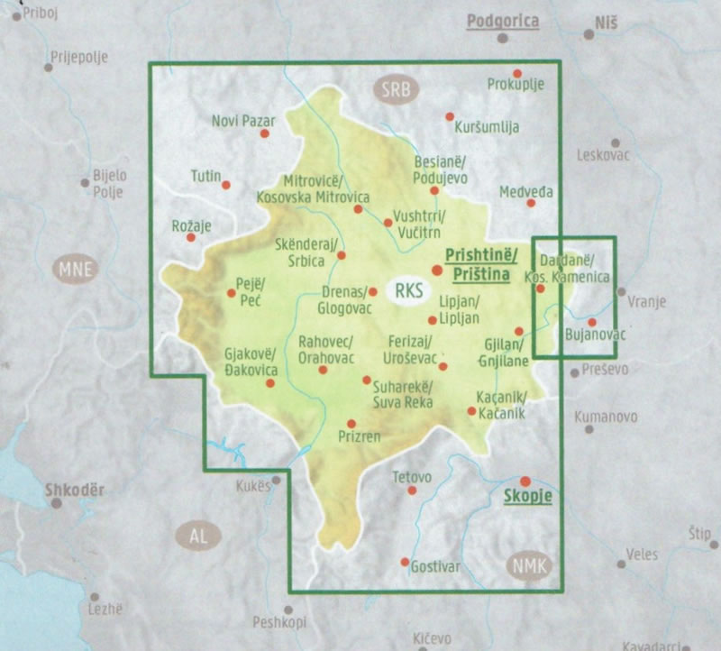 immagine di mappa stradale mappa stradale Kosovo - con Prishtinë (Priština), Prizren (Prizren), Ferizaj (Uroševac), Gjakova (Đakovica), Podujevë (Podujevo), Gjilan (Gnjilane), Pejë (Peć), Mitrovicë (Kosovska Mitrovica), Malishevë (Mališevo) - mappa stradale con luoghi panoramici, parchi e riserve naturali - EDIZIONE Novembre 2024