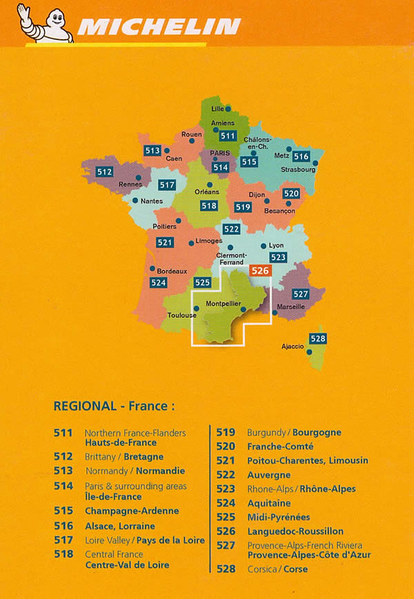 immagine di mappa stradale regionale mappa stradale regionale n. 526 - Languedoc-Roussillon / Linguadoca-Rossiglione - con Montpellier, Nimes, Camargue, Ales, Le Vigan, Florac, Mende, Lodeve, Beziers, Narbonne, Carcassonne, Limoux, Perpignan, Prades, Ceret - mappa stradale con stazioni di servizio e autovelox - EDIZIONE 2024