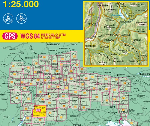 immagine di mappa topografica mappa topografica n.057 - Levico, Altopiani di Folgaria Lavarone e Luserna - con M. Maggio, M. Campomolon, Tonezza, Rovereto, Serrada, Calliano, Carbonare, Becco di Filadonna, Caldonazzo, Vigolo Vattaro, Aldeno, La Marzola, Pergine Valsugana, Roncegno, C. Manderiolo, P.so di Vezzena - con reticolo UTM compatibile con sistemi GPS - edizione 2019