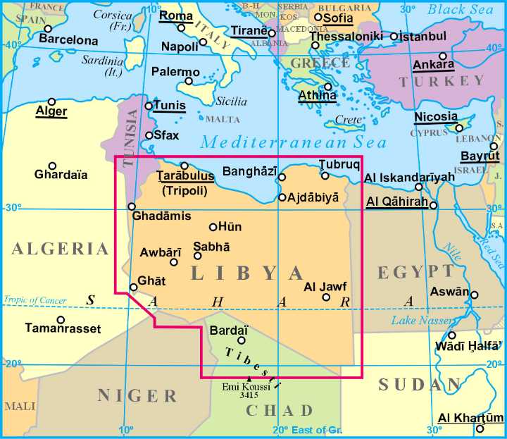 immagine di mappa stradale mappa stradale Libia / Libya - mappa stradale - con Tripoli, Bengasi, Misurata, Tobruch, Sebha, Bani Walid, Zawiya, Agedabia, Sirte, Beida, al-Marj, Derna - EDIZIONE 2025