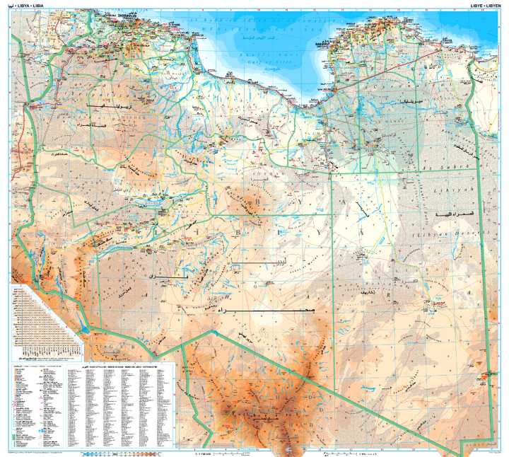 immagine di mappa stradale mappa stradale Libia / Libya - mappa stradale - con Tripoli, Bengasi, Misurata, Tobruch, Sebha, Bani Walid, Zawiya, Agedabia, Sirte, Beida, al-Marj, Derna - EDIZIONE 2025