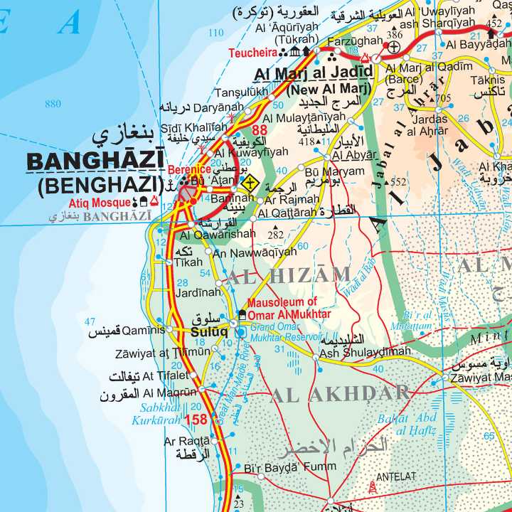 immagine di mappa stradale mappa stradale Libia / Libya - mappa stradale - con Tripoli, Bengasi, Misurata, Tobruch, Sebha, Bani Walid, Zawiya, Agedabia, Sirte, Beida, al-Marj, Derna - EDIZIONE 2025