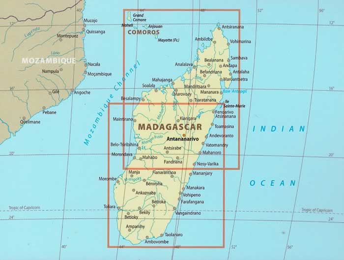 immagine di mappa stradale mappa stradale Madagascar, isole Comore - con spiagge, luoghi panoramici, riserve naturali - con Antananarivo, Ambalavao, Mahajanga, Antsiranana, Morondava - mappa impermeabile e antistrappo - EDIZIONE 2023