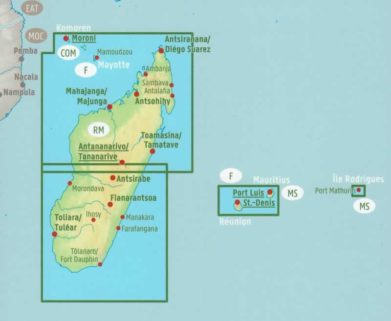 immagine di mappa stradale mappa stradale Madagascar / Madagaskar, e isole Rodrigues, Mauritius, Reunion, Comore - con Antananarivo, Toamasina, Antsirabe, Fianarantsoa, Toliara, Tolagnaro, Manakara, Morondava, Antalaha, Farafangana, Ihosy, Mayotte - con spiagge, luoghi panoramici, riserve naturali - EDIZIONE Dicembre 2023