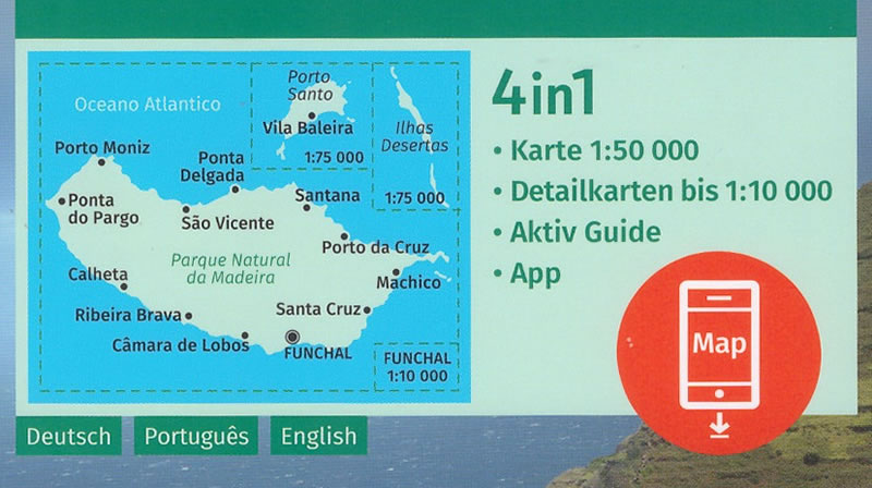 immagine di mappa topografica mappa topografica Madeira - con Funchal, Santa Cruz, Ribeira Brava, Calheta, Porto Moniz, Santana, Machico, Porto Santo, Ilhas Desertas - mappa escursionistica Kompass n.234 - con spiagge, percorsi per il trekking, luoghi panoramici e parchi naturali - compatibile con GPS - EDIZIONE 2024