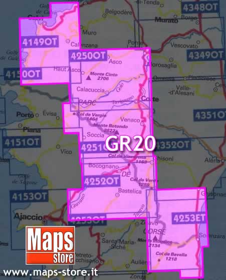 immagine di mappa topografica mappa topografica Mappe per il GR20 in Corsica -  5 mappe topografiche con reticolo UTM per GPS