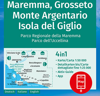 immagine di mappa topografica mappa topografica Maremma, Grosseto, Monte Argentario, Isola del Giglio - con Parco Regionale della Maremma, Parco Naturale dell'Uccellina, Scansano, Capalbio, Orbetello - mappa Kompass n.2470 - mappa plastificata, compatibile con sistemi GPS - EDIZIONE 2024