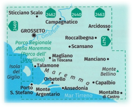 immagine di mappa topografica mappa topografica Maremma, Grosseto, Monte Argentario, Isola del Giglio - con Parco Regionale della Maremma, Parco Naturale dell'Uccellina, Scansano, Capalbio, Orbetello - mappa Kompass n.2470 - mappa plastificata, compatibile con sistemi GPS - EDIZIONE 2024