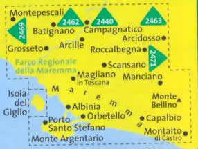 immagine di mappa topografica mappa topografica n.2470 - Maremma, Grosseto, Monte Argentario, Isola del Giglio, Parco Regionale della Maremma, Parco Naturale dell'Uccellina, Scansano, Capalbio, Orbetello - mappa plastificata, compatibile con sistemi GPS - edizione 2019