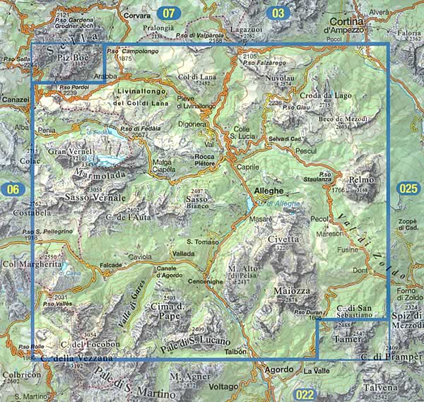 immagine di mappa topografica mappa topografica n.015 - Marmolada, Pelmo, Civetta, Moiazza - Passo Fedaia, Passo Falzarego, Arabba, Passo Campolongo, Passo Pordoi, Lago Fedaia, Cime dell'Auta, Passo S. Pellegrino, Lago di Alleghe, Rocca Pietore, Nuvolau, Passo Giau, Pocol, Selva di Cadore, Passo Staulanza, Pelmo, Zoldo Alto, Alleghe, Cencenighe, Canale d'Agordo, Gares, Focobon, Passo Valles, Passo Duran, Falcade, Taibon - con reticolo UTM compatibile con GPS - impermeabile, antistrappo, plastic-free, eco-friendly - nuova edizione