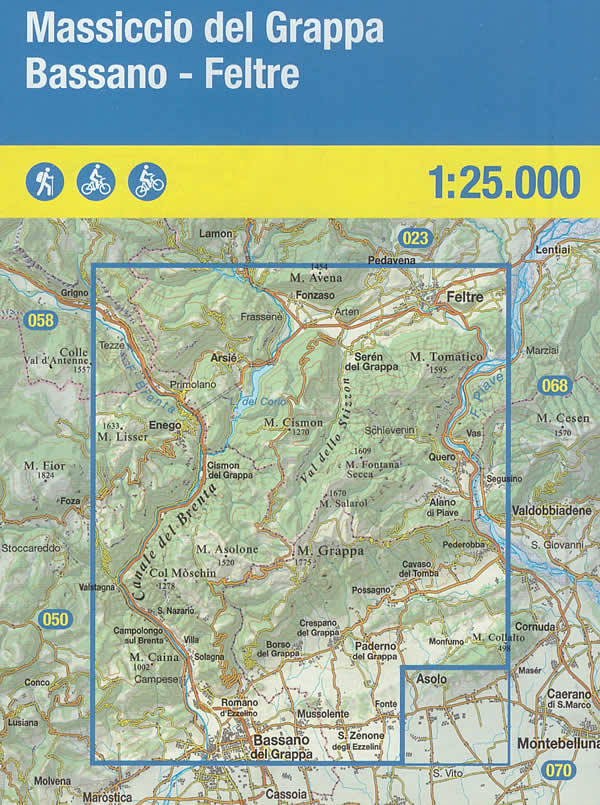 immagine di mappa topografica mappa topografica n.051 - Massiccio del Grappa, Bassano, Feltre - Monte Grappa, Valstagna, Possagno, Pederobba, Alano di Piave, Primolano - con reticolo UTM per GPS - impermeabile, antistrappo, plastic-free, eco-friendly - EDIZIONE 2024