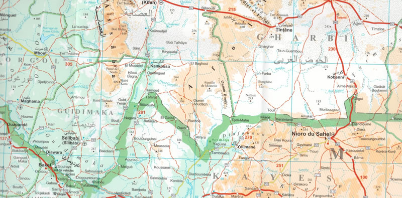 immagine di mappa stradale mappa stradale Mauritania - con Noaukchott, Nouadhibou, Rosso/Rusu, Kaedi, Zouérat, Kiffa, Atar, Sélibabi, Néma, Tijikja, Aleg, Ayoun el-Atrouss, Akjoujt, Sahara orientale - Dagana, Saint Louis, Dakar (Senegal) - EDIZIONE 2025